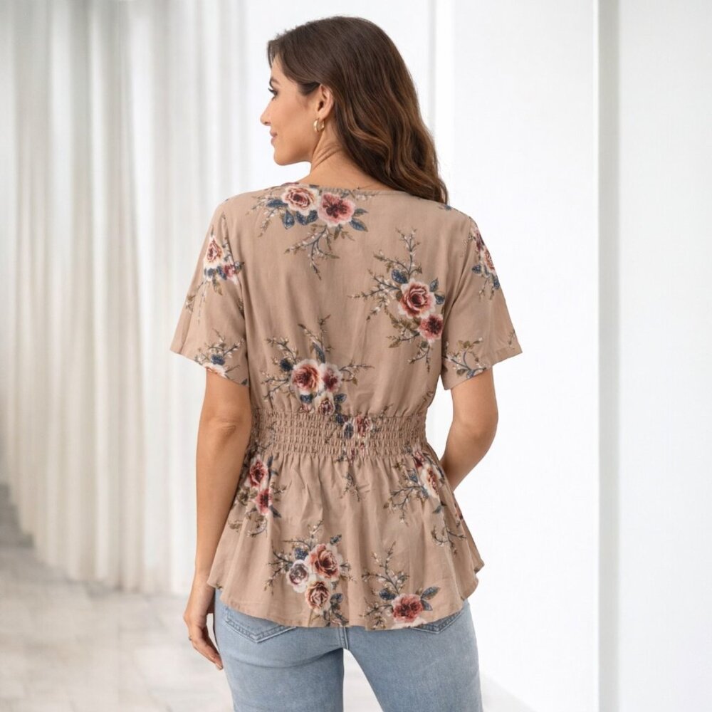 Floral Smocked Peplum Blouse Beige Boho Top Plus Size 2XL New - Picture 3 of 6
